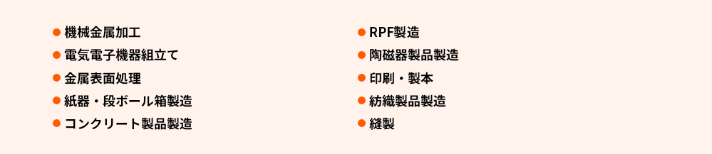 ●機械金属加工
●電気電子機器組立て
●金属表面処理
●紙器・段ボール箱製造
●コンクリート製品製造
●RPF製造
●陶磁器製品製造
●印刷・製本
●紡織製品製造
●縫製